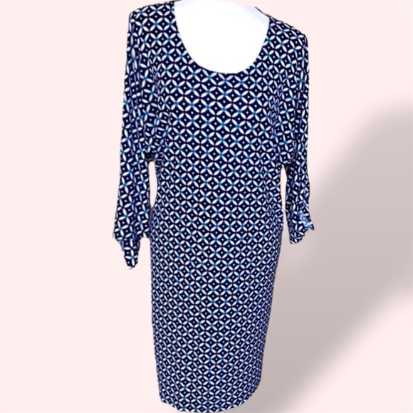 Lauren Ralph Lauren Preppy Blue White Geo Paisley Print Shift Dress Knot Sleeves - Picture 5 of 15